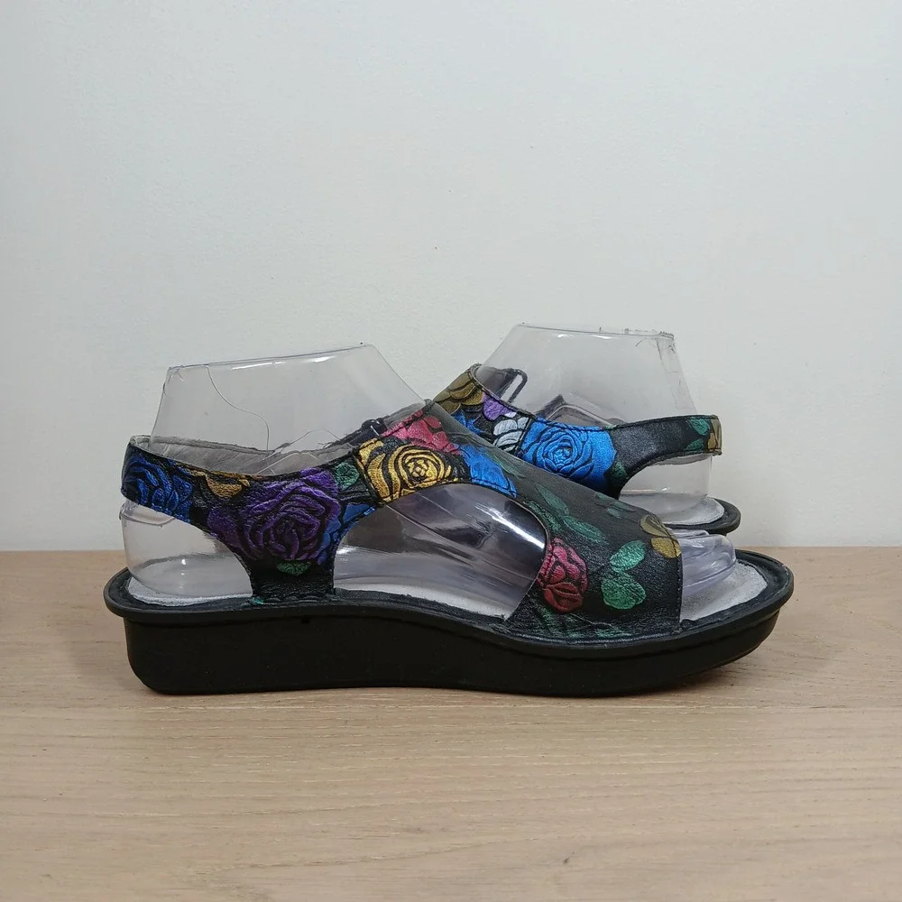 Alegria Sandals Womens 6 Multicolor Floral Leather Wedge Boho Artsy Comfort